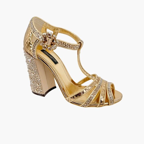 Dolce & Gabbana Disco Ball Sandals EU 37 US 7 Gold Crystal Block Heel Glitter - Picture 9 of 16